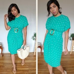 VINTAGE GREEN POLKA DOT BELTED DRESS 8 M